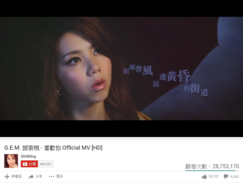 第一位：鄧紫棋《喜歡你》（YouTube截圖）