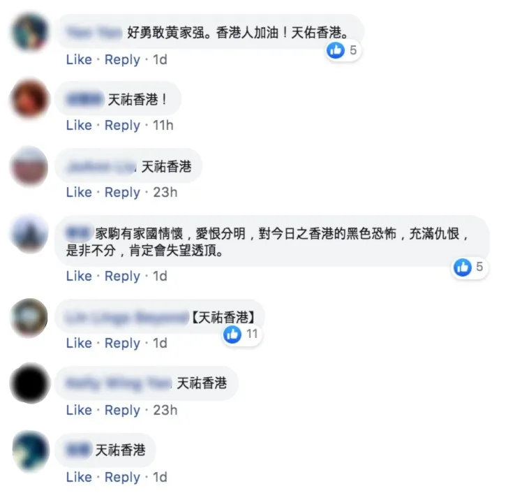 有網民想起家駒：「家駒有家國情情懷，愛恨分明，對今日之香港的黑色恐怖，充滿仇恨，是非不分，肯定會失望透頂。（黃家強Facebook截圖）