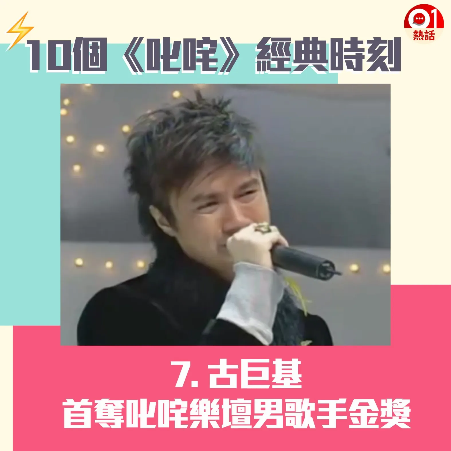 【叱咤頒獎禮難忘時刻】7.入行廿多年的古巨基曾暫別樂壇，其後於2003年回歸後，翌年憑歌曲《愛與誠》登上事業高峰，更首奪叱咤樂壇男歌手金獎。他上台致謝詞時，激動地聲淚俱下感激經理人黃柏高「執」他回樂壇。（01製圖）
