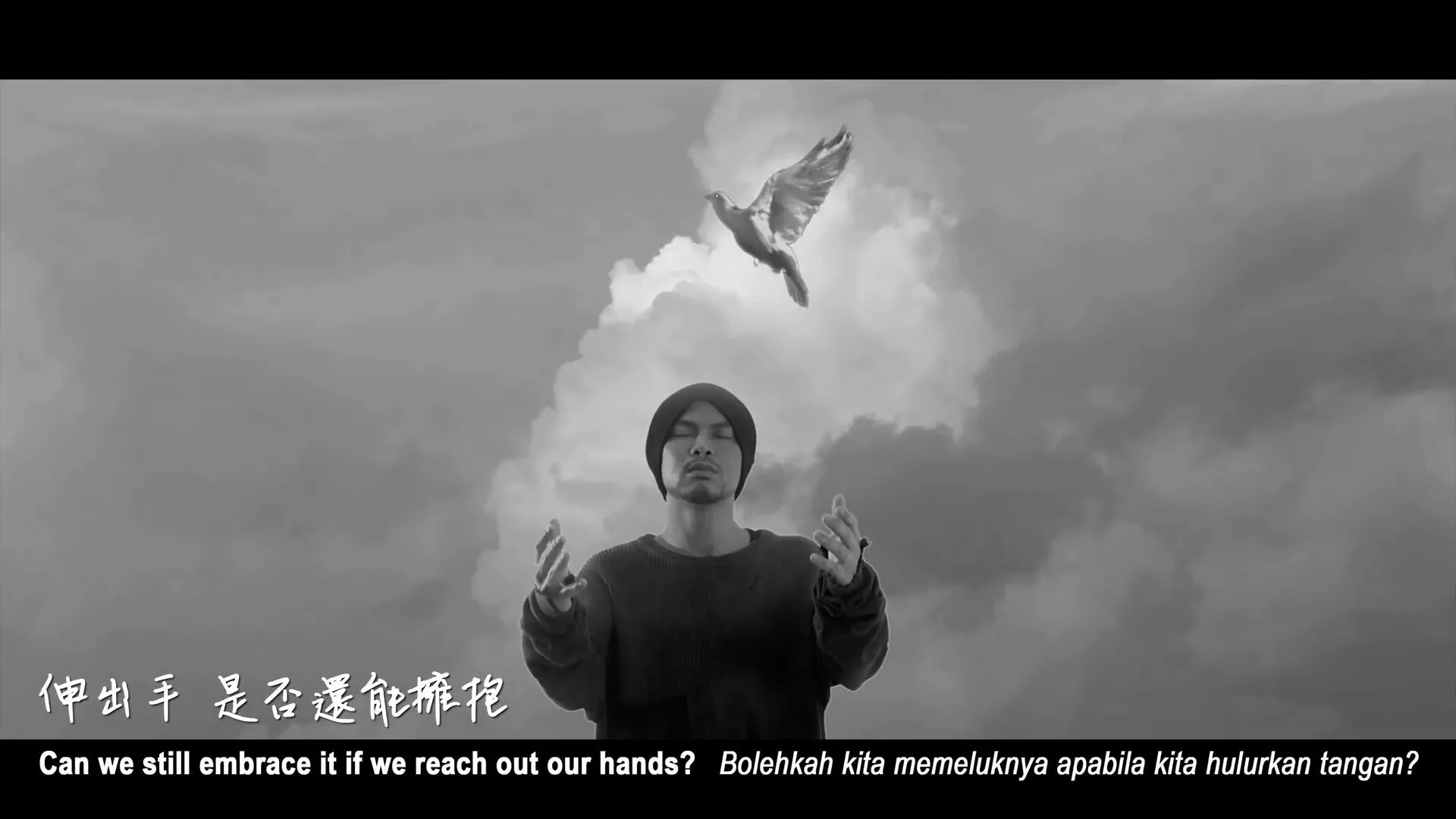 最後畫面出現白鴿，寓意和平。（《我們的海闊天空》MV截圖）