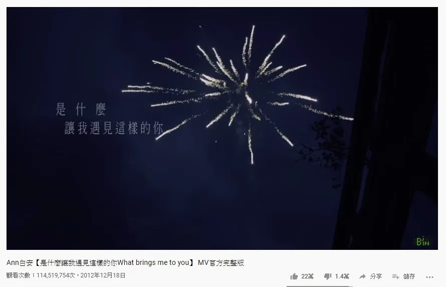 第十六位是白安的《是什麼讓我遇見這樣的你》，1.14億點擊次數。（YouTube截圖）