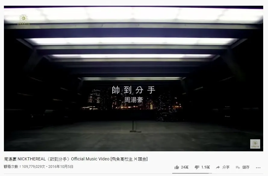 第二十一位是周湯豪的《帥到分手》，1.09億點擊次數。（YouTube截圖）