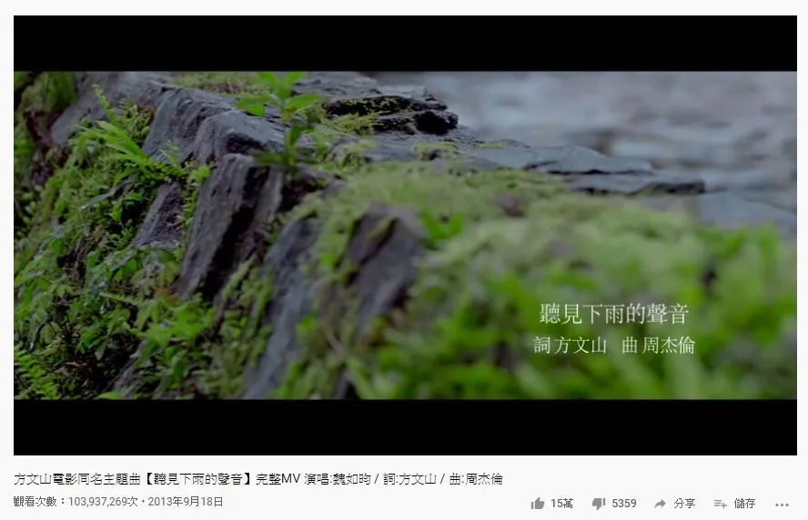 第二十四位是魏如昀的《聽見下雨的聲音》，1.03億點擊次數。（YouTube截圖）