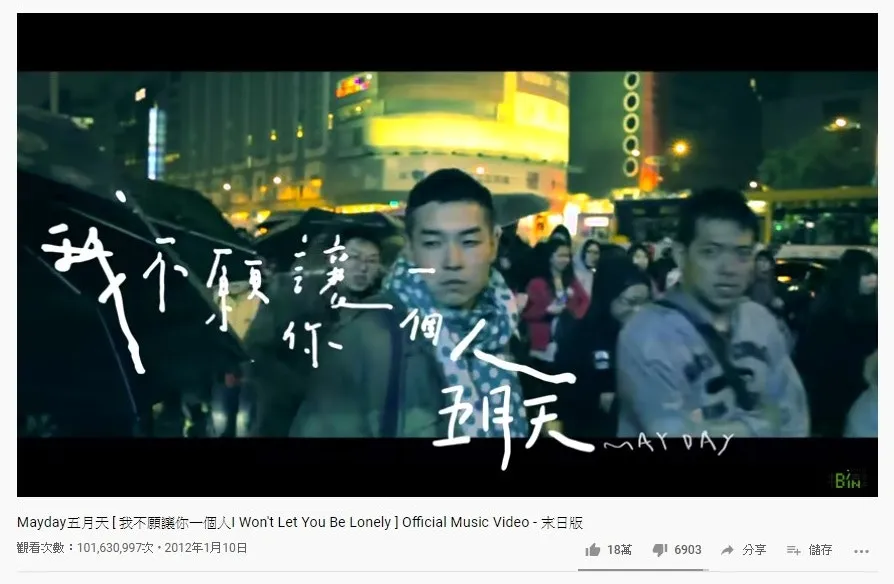 第二十六位是五月天的《我不願讓你一人》，1.01億點擊次數。（YouTube截圖）