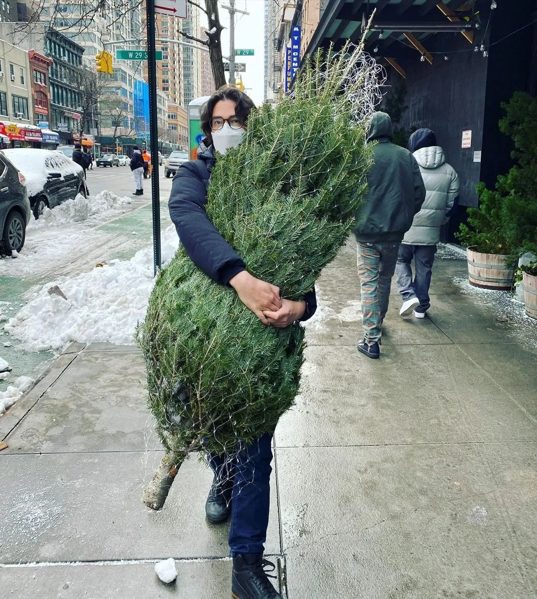 陳法拉在聖誕節在家佈置，為了節省運費，於是老公就負責搬運聖誕樹，十分精打細算。（falachenfala＠IG）