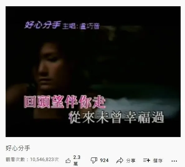 53. 盧巧音《好心分手》：1054萬（YouTube截圖）