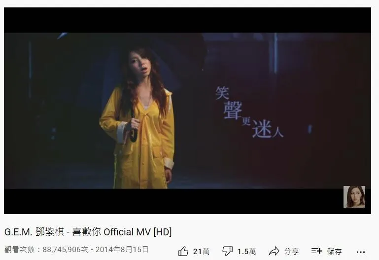 2. G.E.M.《喜歡你》：8873萬（YouTube截圖）